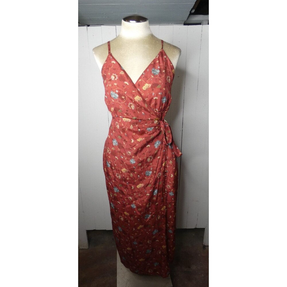 Reistor Women's S Red Floral Wrapped Maxi Dress 100% Cupro Sleeveless Pockets